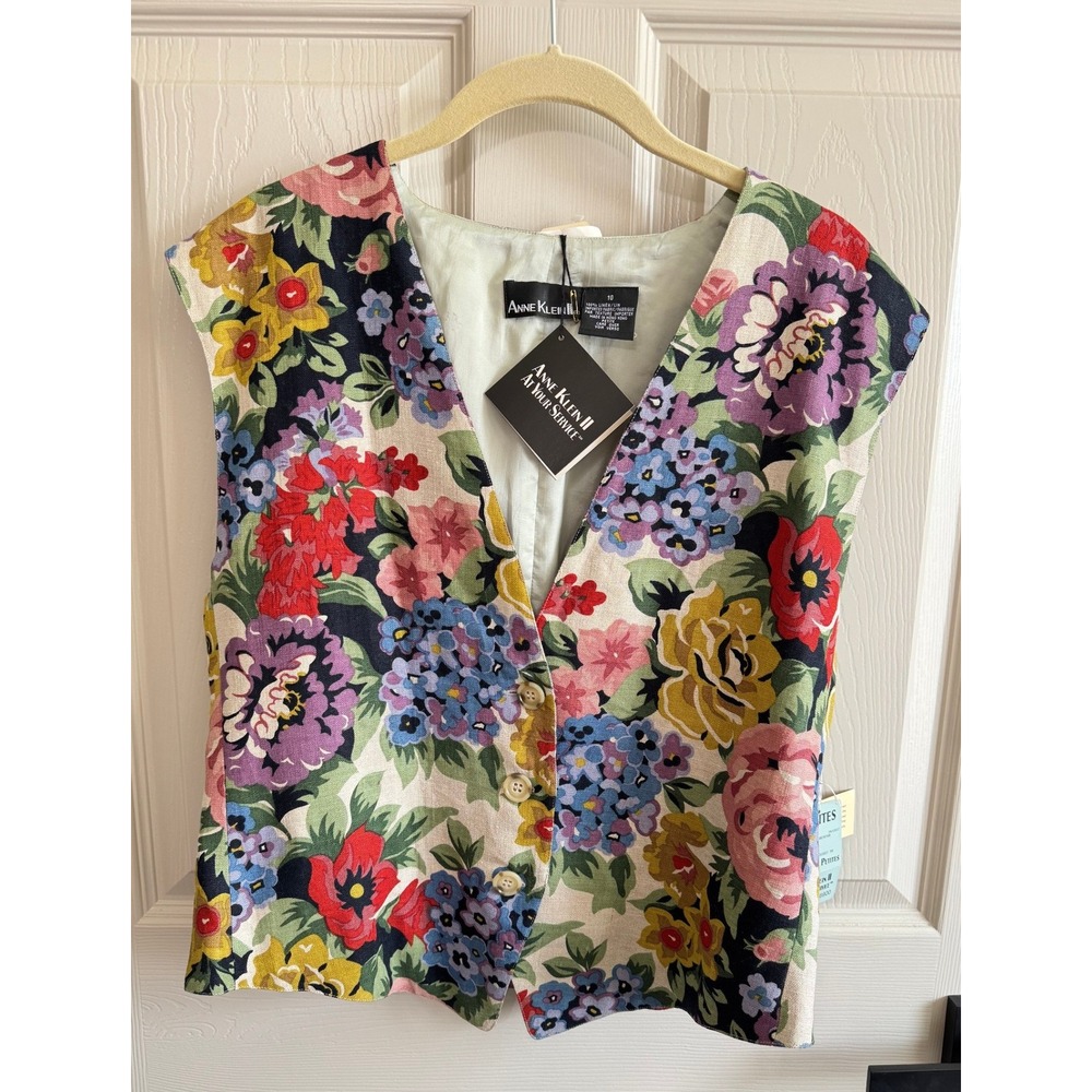 Vintage Anne Klein Vest Womens 10P Multicolor Floral Linen‎ Button Front Cottage